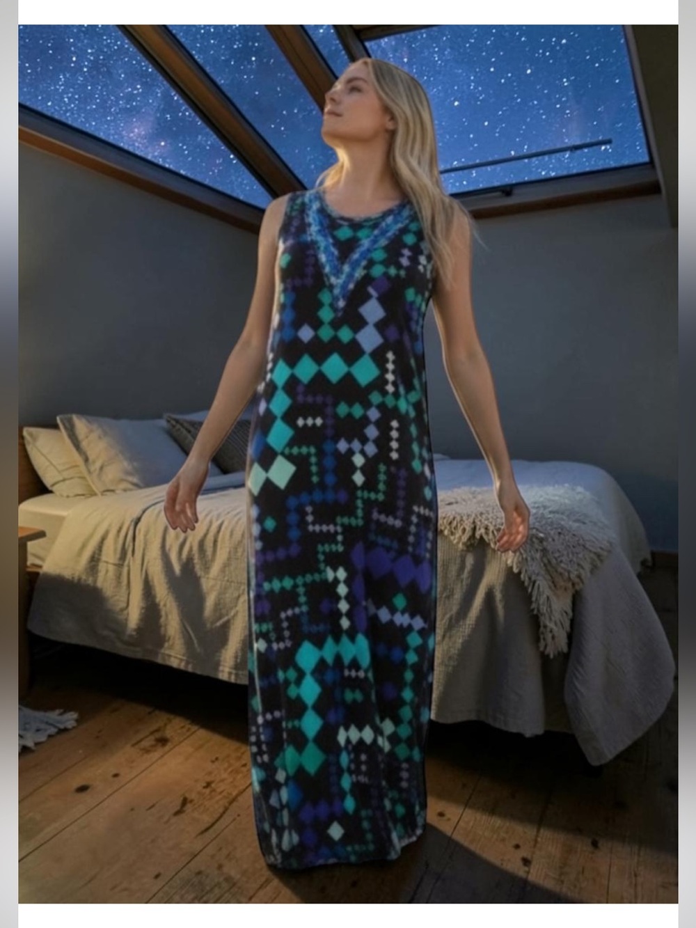 Emilio Pucci Formfit Rogers Turquoise, Navy & Black Geometric Mod Slip Chemise